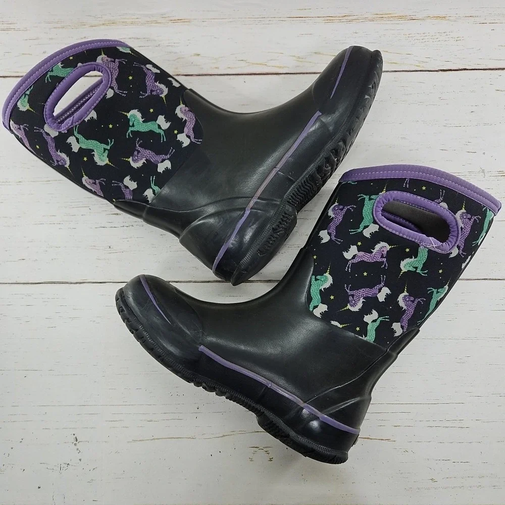 Bogs Girls Size 2 Black‎ Purple Unicorn Insulated Waterproof Winter Boots 72329